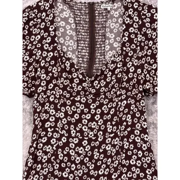 Reformation Dress 12 Womens Chocolate Brown Floral Plunge Smocked Mini - Picture 2 of 9